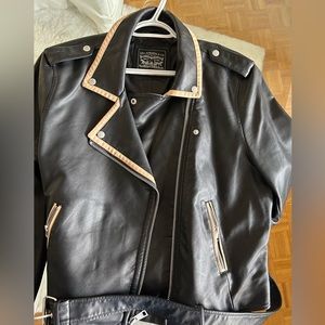 Levi’s women’s faux leather biker jacket, black with cream accents,